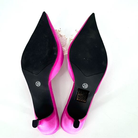 Bright Pink Satin Kitten Heel Mules with Pearl Bow Size 39 - Picture 5 of 8